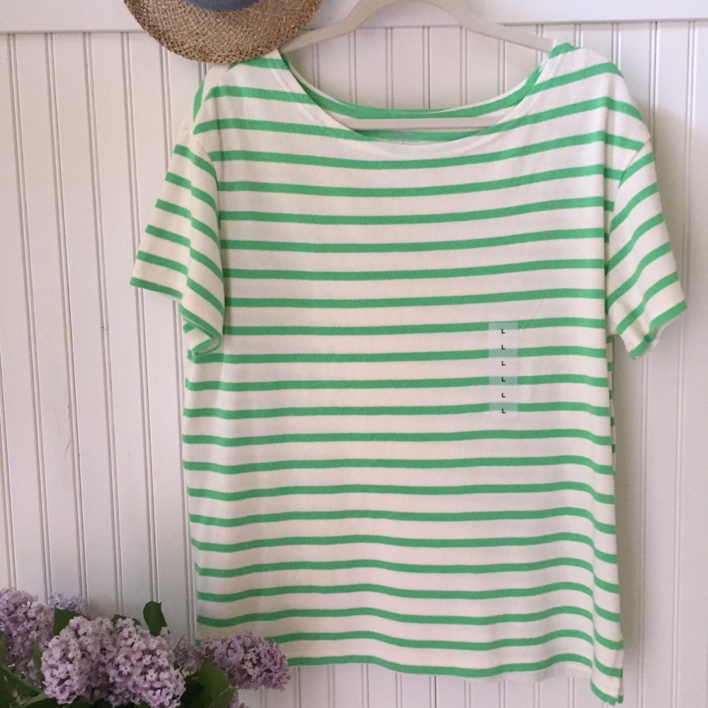 Green striped single knit Tee,  size L